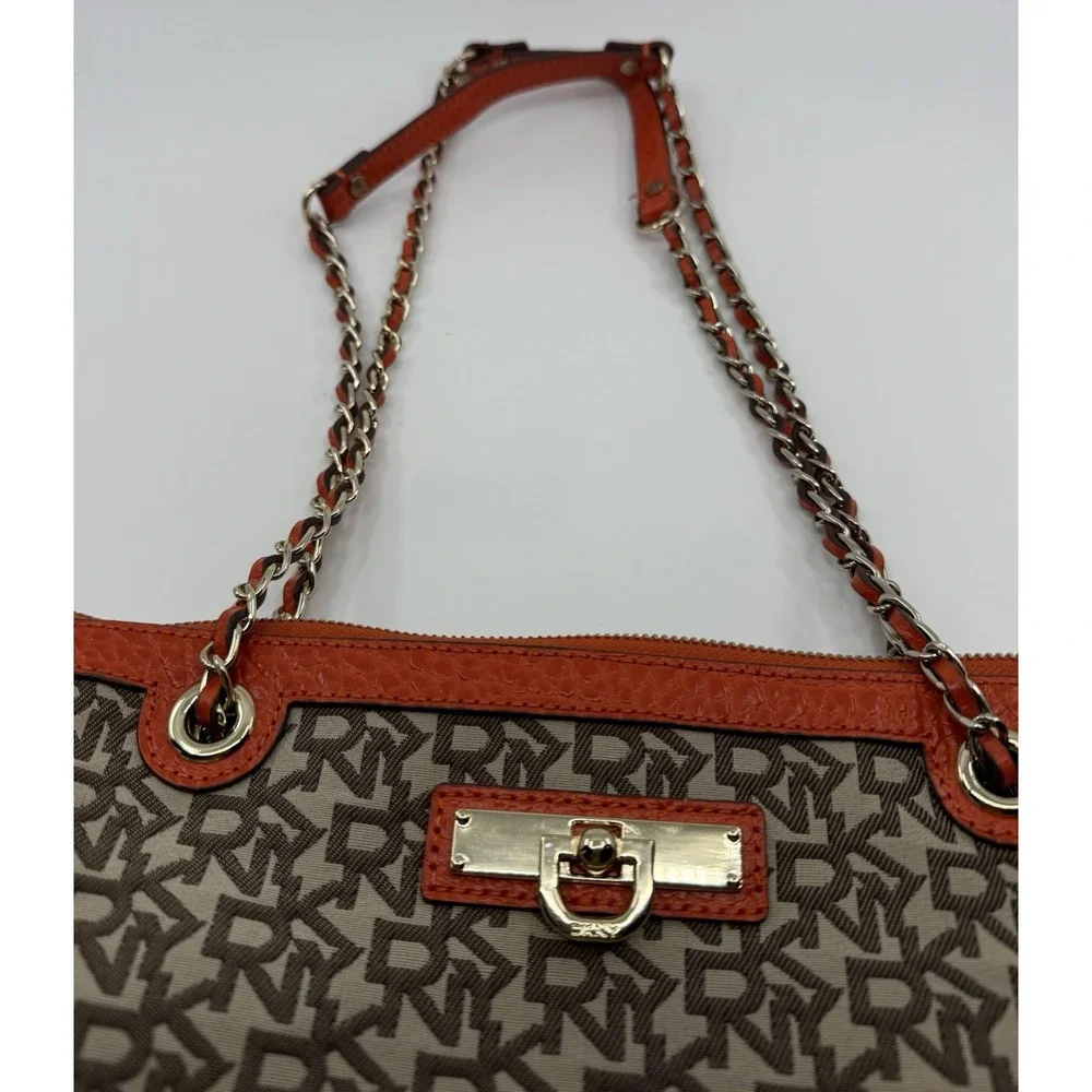 DKNY Shoulder Bag Purse Brown Canvas Orange Leather Gold Chain
